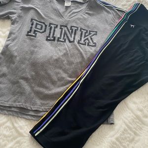 Victoria’s Secret Pink workout capris and top.